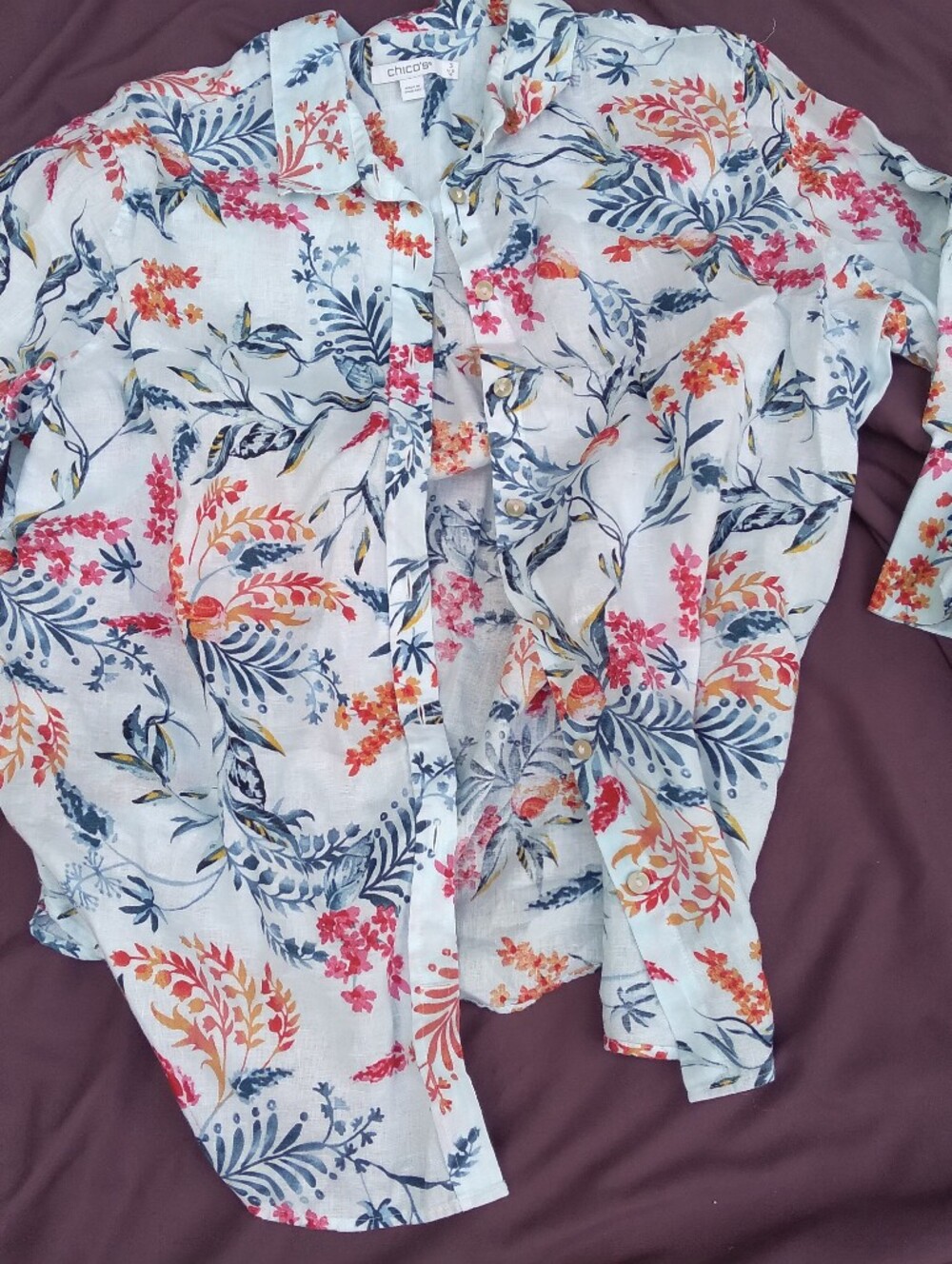 Chico's Lightweight White Floral Button-Up Blouse with Coral and Navy Print